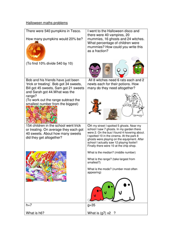Halloween maths problem questions Year 5 and 6