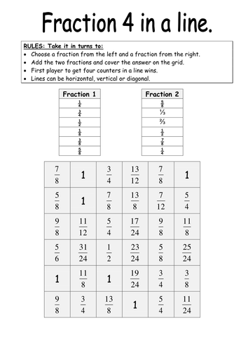 Adding fractions: 4 in a Line