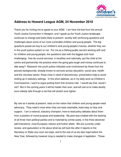 Address to Howard League AGM, 24 November 2010