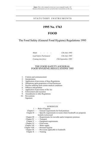 GCSE Catering 1.4b: 1995 Food Safety Regulations