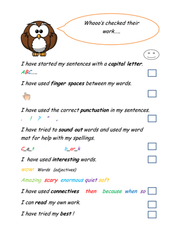 pupil self assessment - writing checklist