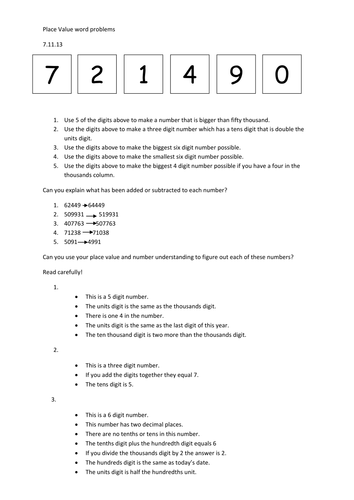 Place Value Word Problems Teaching Resources