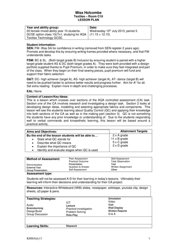 Lesson Plan: Quality control industry & classroom