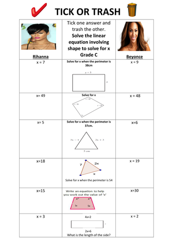 Tick or Trash solving equations involving shape