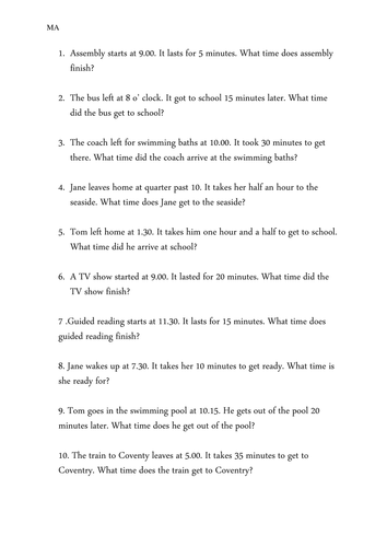Time word problems Year 3 - time intervals