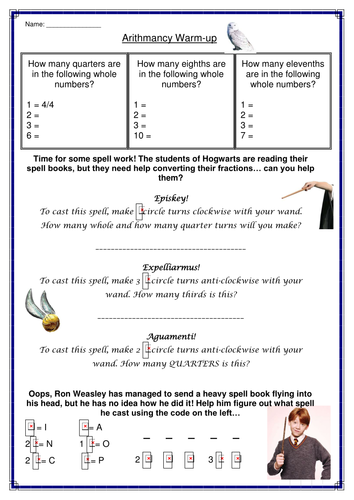 mixed fractions harry potter style teaching resources