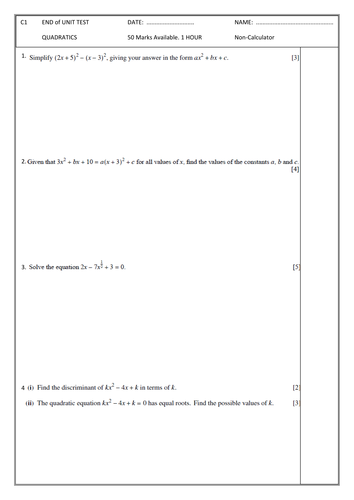 C1 Quadratics Test. With Mark Scheme