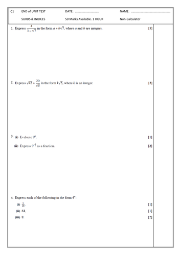 C1 Surds and Indices. Test. With Mark Scheme
