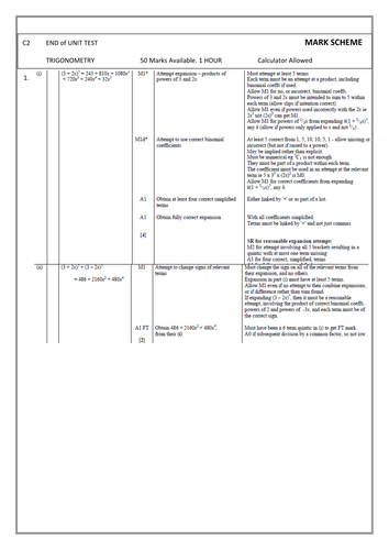 C2 Trigonometry Topic Tests, with Mark Schemes