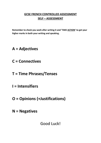 French Controlled Assessment Pupil Self-Assessment