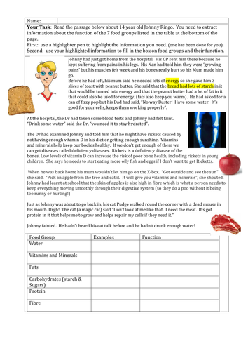 Literacy worksheet on Food groups