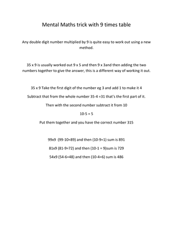 Mental Maths Trick, double digits 9 times table