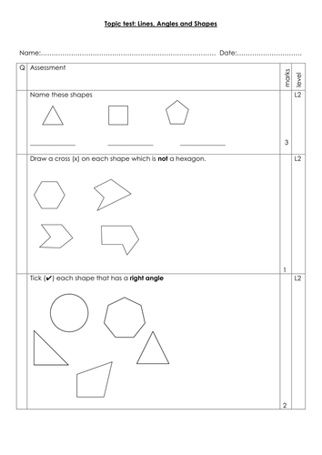 Lines angle and shapes topic Assessments Level 2-8