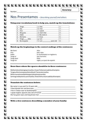 KS3 Spanish - Descriptions Worksheet