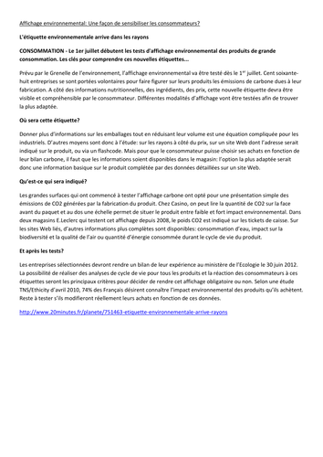 A2 French AQA Affichage environnemental