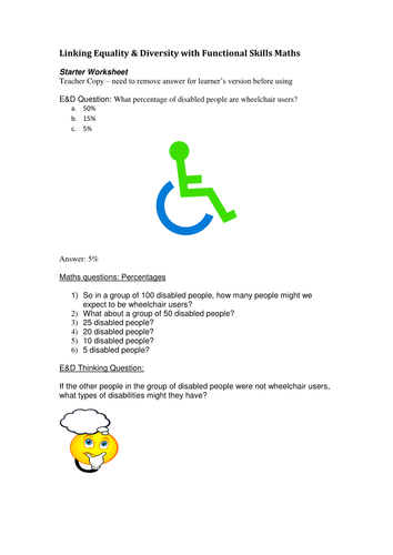 printable jobs worksheet & Diversity Linking Starter: with Equality by Maths