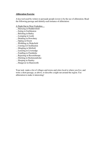 Worksheet: Use of Alliteration | Teaching Resources
