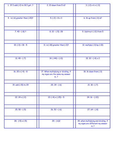 Negative Number Flash Cards