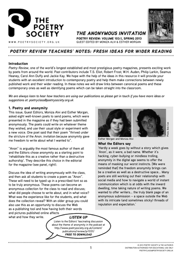 Poetry Review 103:1, Spring 2013, teachers' notes