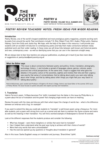 Poetry Review 103:2, Summer 2013, teachers' notes