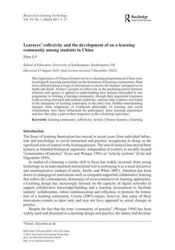 Learners’ reflexivity and an e-learning community