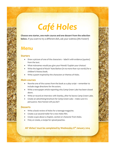 Homework Menu for Holes by Louis Sachar