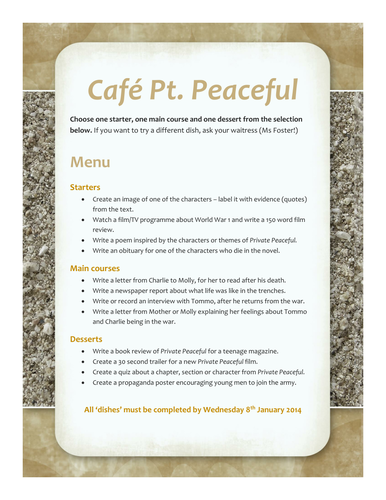Homework menu for Private Peaceful by M. Morpurgo
