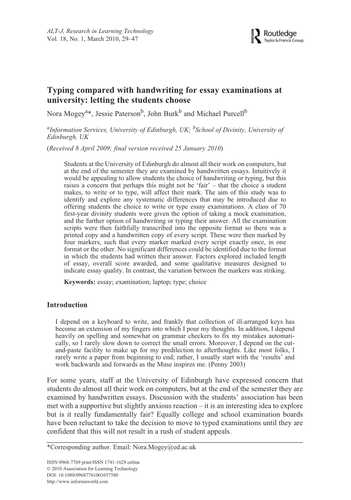 Typing compared with handwriting for essay exams