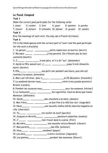 Passe Compose Worksheet Teaching Resources