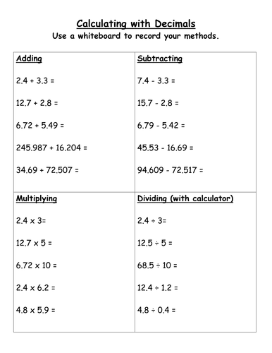 decimals add subtract multiply divide teaching resources