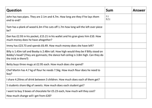 Decimals - Worded Problems