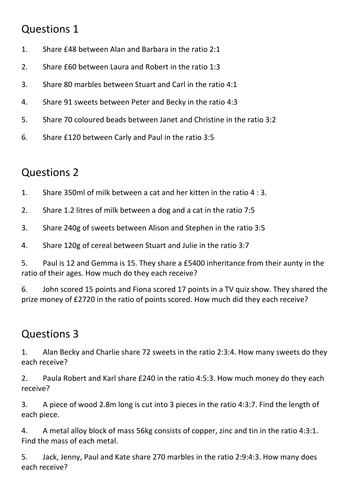 ratio worded questions 3 levels of challenge teaching resources