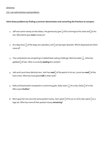 Comparing and ordering fractions word problems