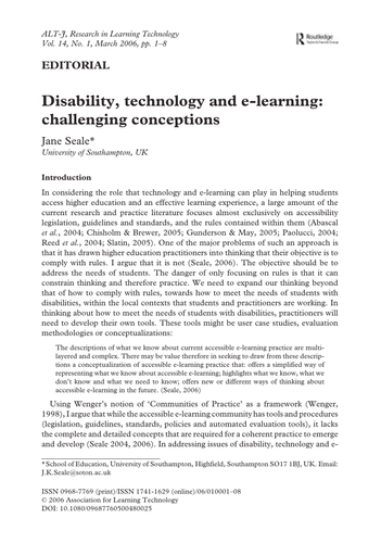 Disability, technology and e-learning: challenges