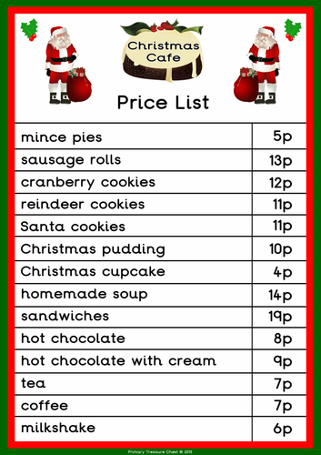 Christmas Cafe Role Play Price List