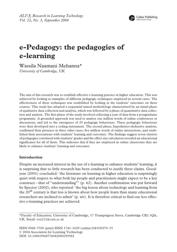 e-Pedagogy: the pedagogies of e-learning