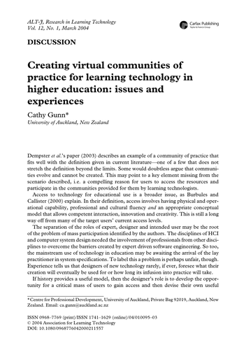 Creating virtual communities of practice: issues