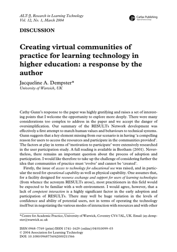 Creating virtual communities of practice: response