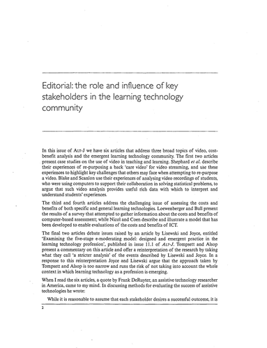 Editorial:the role & influence of key stakeholders