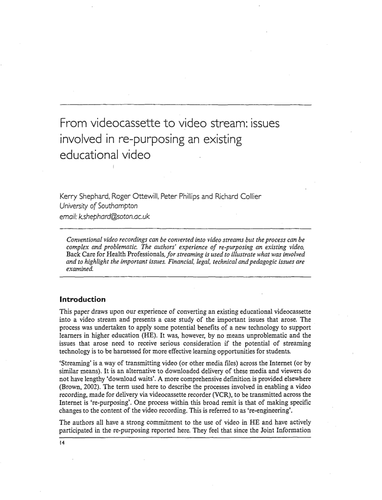 From videocassette to video stream:issues involved