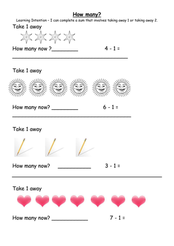 Take one and take 2 away worksheet with visuals.