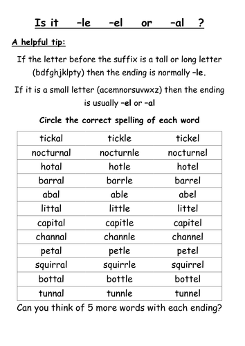 Word endings -le -el or -al