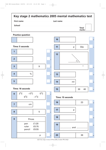 Mental Maths SATS paper 2005 Lesson