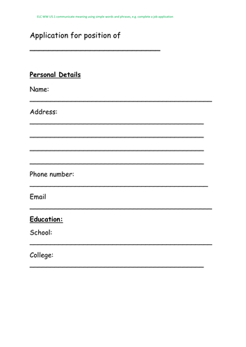 Job Application Form Teaching Resources