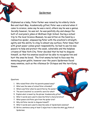 comprehension reading worksheets kindergarten free Comprehension  Peter by Parker Hollyhedge Spiderman