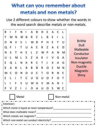 Printables Properties Of Metals And Nonmetals Worksheet metals and non properties wordsearch by hazel86 teaching resources tes