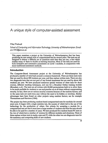 A unique style of computer-assisted assessment | Teaching Resources