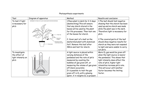 Photosynthesis experiments summary