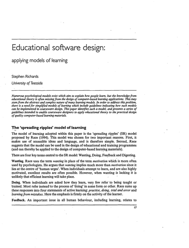 Educational software design: applying models