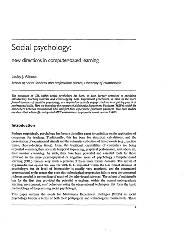 Social psychology: new directions in learning